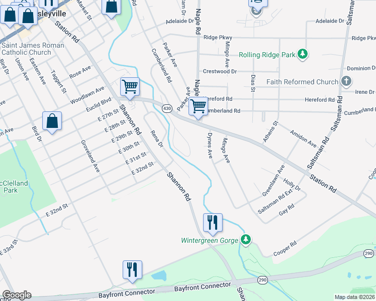 map of restaurants, bars, coffee shops, grocery stores, and more near Mindi Court in Erie