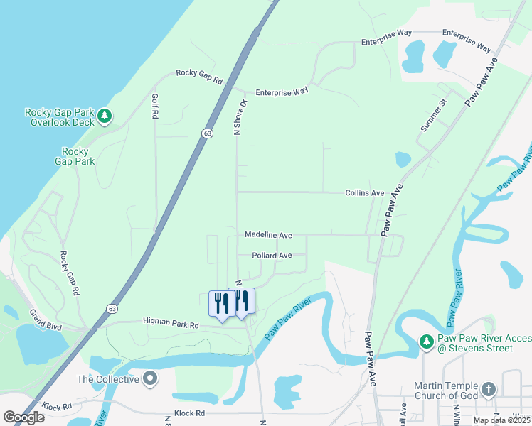 map of restaurants, bars, coffee shops, grocery stores, and more near 180 Collins Avenue in Benton Harbor