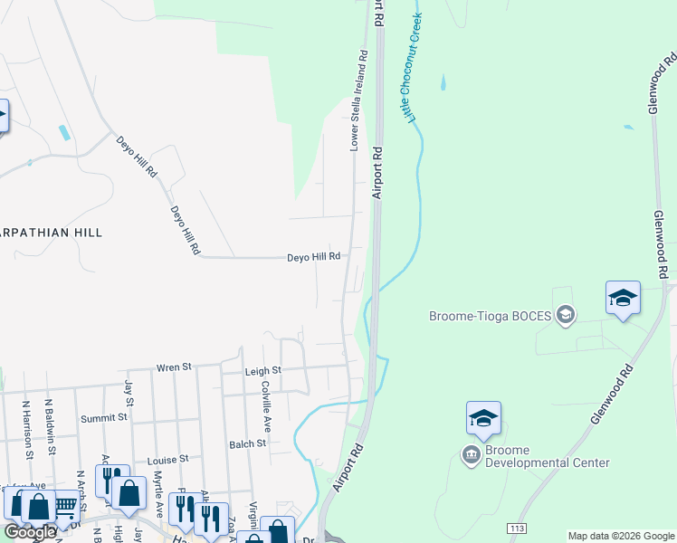 map of restaurants, bars, coffee shops, grocery stores, and more near 271 Lower Stella Ireland Road in Binghamton