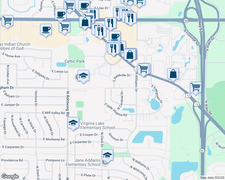 map of restaurants, bars, coffee shops, grocery stores, and more near 1126 East Cunningham Drive in Palatine