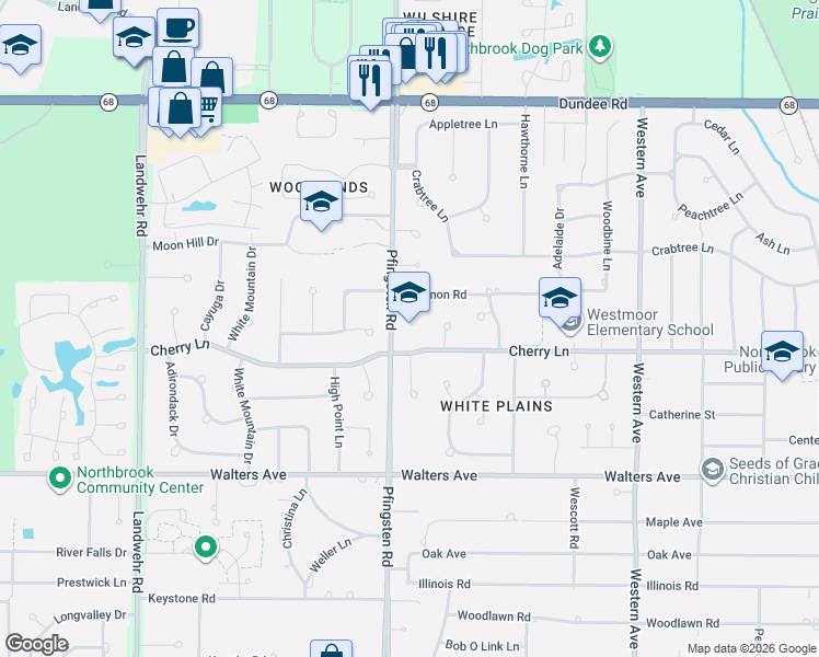map of restaurants, bars, coffee shops, grocery stores, and more near 1133 Pfingsten Road in Northbrook