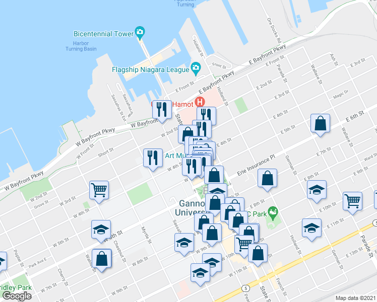 map of restaurants, bars, coffee shops, grocery stores, and more near 300 State Street in Erie