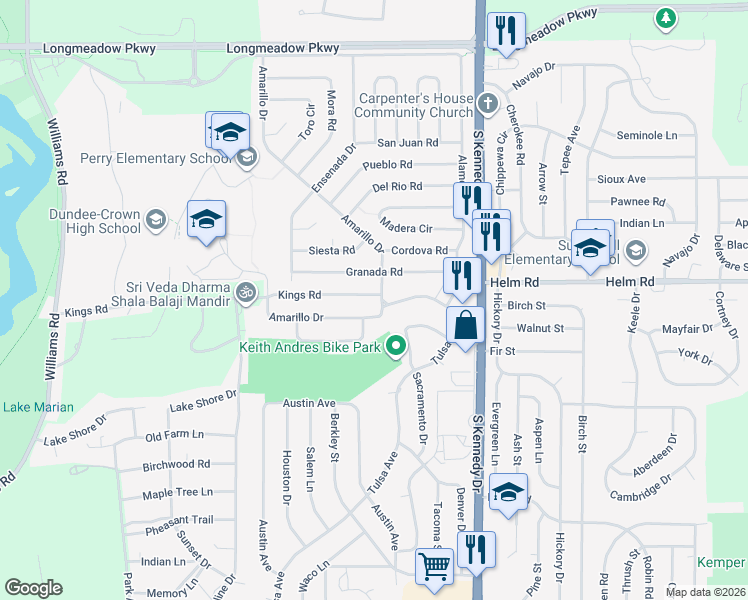 map of restaurants, bars, coffee shops, grocery stores, and more near 1434 Kings Road in Carpentersville
