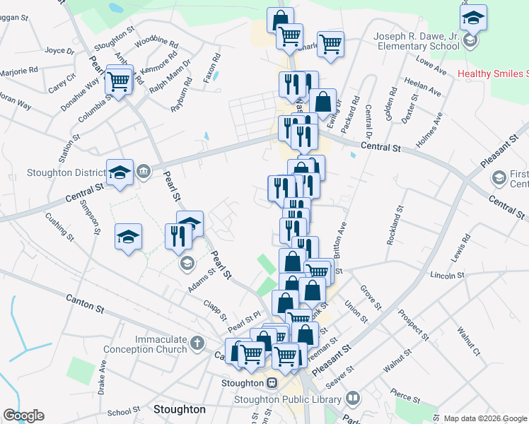 map of restaurants, bars, coffee shops, grocery stores, and more near 33 Bennett Drive in Stoughton
