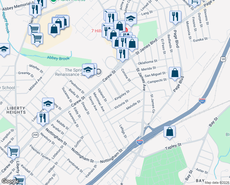 map of restaurants, bars, coffee shops, grocery stores, and more near 43 Glenham Street in Springfield