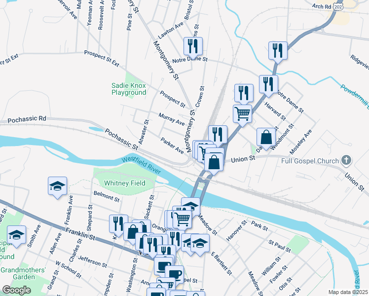 map of restaurants, bars, coffee shops, grocery stores, and more near 12 Montgomery Street in Westfield