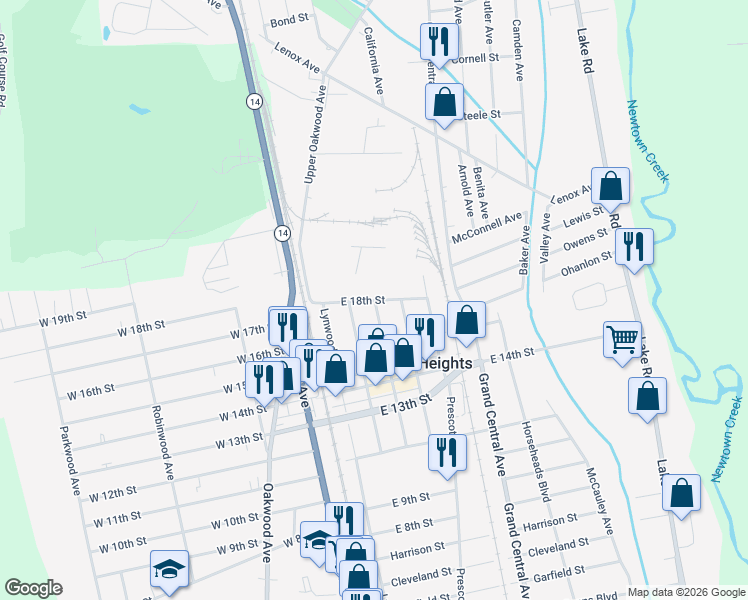 map of restaurants, bars, coffee shops, grocery stores, and more near 232 East 18th Street in Elmira Heights