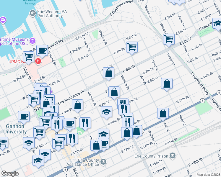 map of restaurants, bars, coffee shops, grocery stores, and more near 623 25 Parade Street in Erie