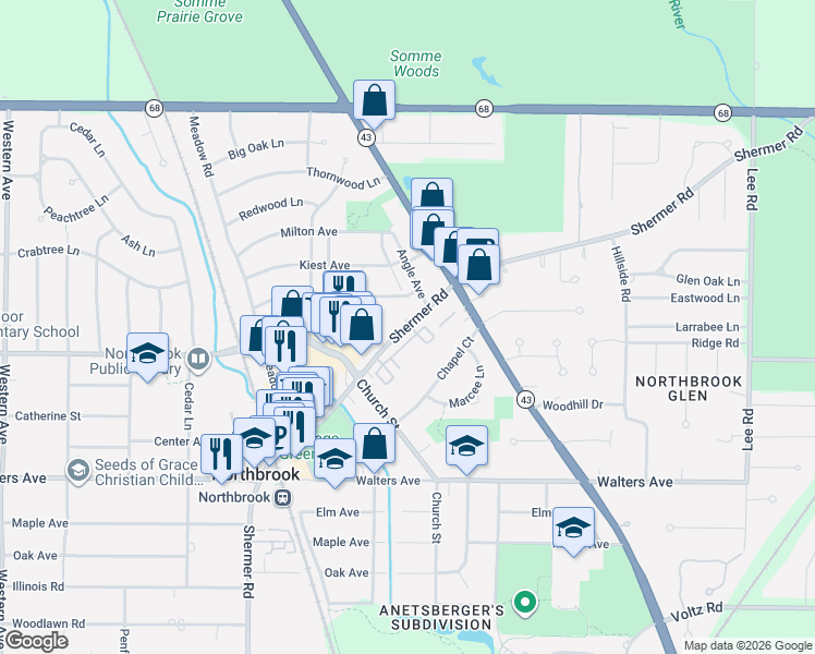 map of restaurants, bars, coffee shops, grocery stores, and more near 1200 Shermer Road in Northbrook