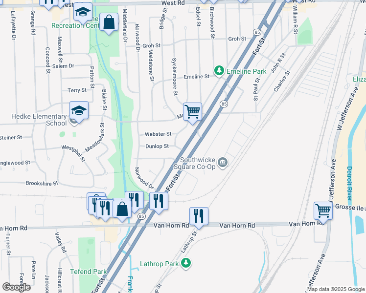 map of restaurants, bars, coffee shops, grocery stores, and more near 3821 Syckelmoore Street in Trenton