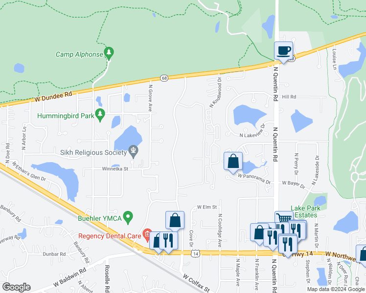 map of restaurants, bars, coffee shops, grocery stores, and more near 1155 North Sterling Avenue in Palatine