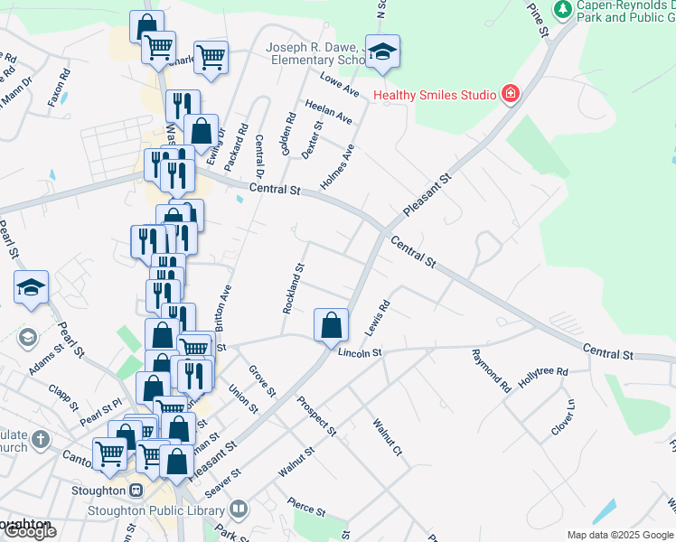 map of restaurants, bars, coffee shops, grocery stores, and more near 36 Pleasant Drive in Stoughton