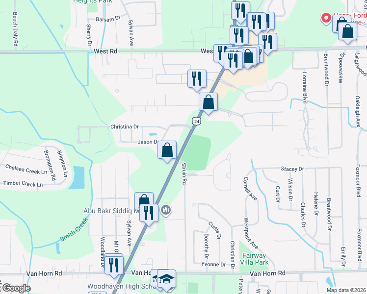 map of restaurants, bars, coffee shops, grocery stores, and more near 23868 Telegraph Road in Wayne County