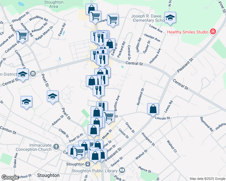 map of restaurants, bars, coffee shops, grocery stores, and more near 41 Warren Avenue in Stoughton