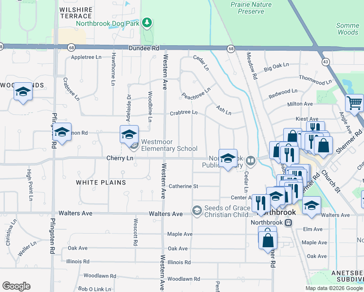 map of restaurants, bars, coffee shops, grocery stores, and more near 1123 Blackthorn Lane in Northbrook