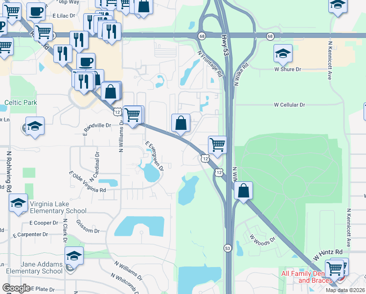 map of restaurants, bars, coffee shops, grocery stores, and more near 1144 North Claremont Drive in Palatine