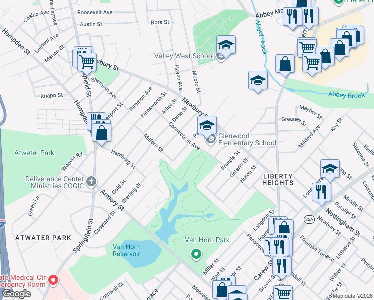 map of restaurants, bars, coffee shops, grocery stores, and more near 51 Park Road in Springfield