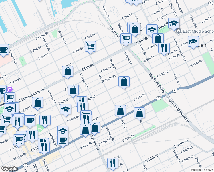 map of restaurants, bars, coffee shops, grocery stores, and more near 819 Ash Street in Erie