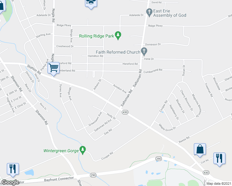 map of restaurants, bars, coffee shops, grocery stores, and more near 3417 Greenlawn Avenue in Erie