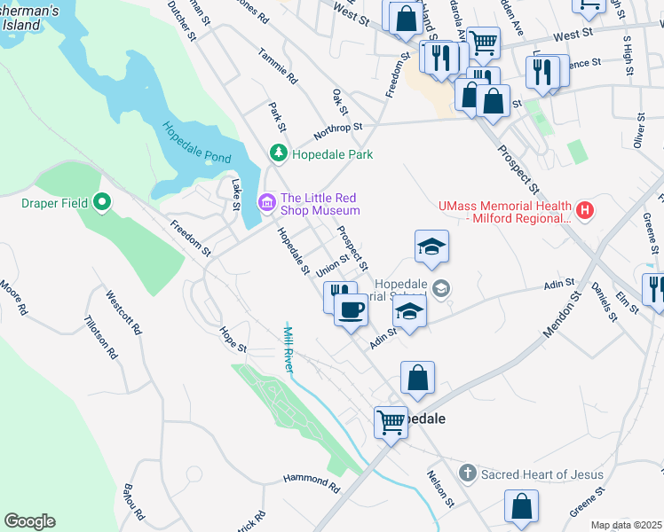 map of restaurants, bars, coffee shops, grocery stores, and more near 10 Union Street in Hopedale