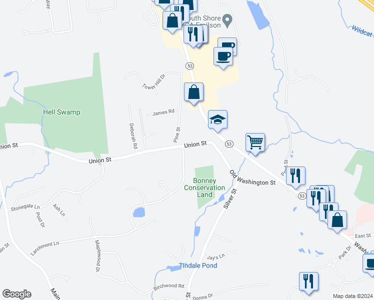map of restaurants, bars, coffee shops, grocery stores, and more near 375 Union Street in Hanover