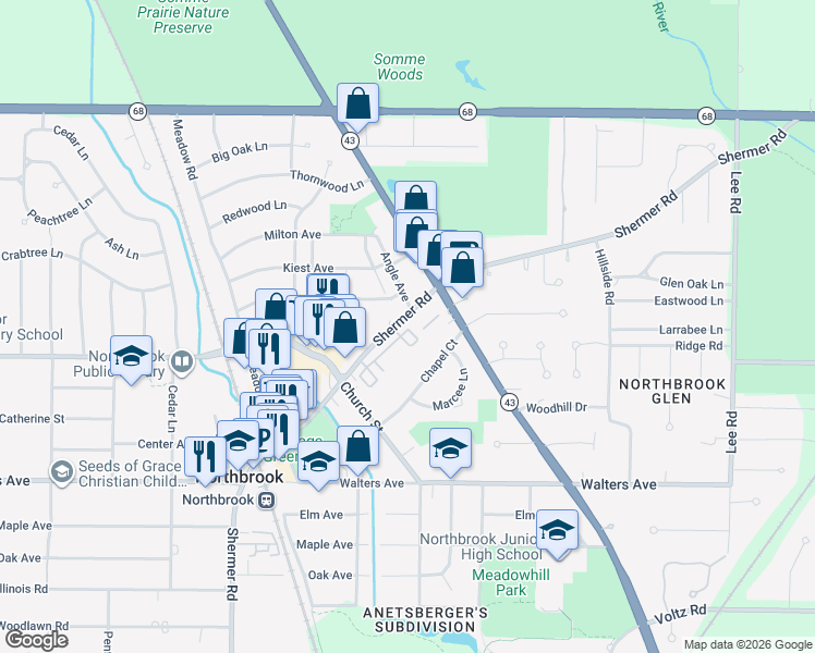 map of restaurants, bars, coffee shops, grocery stores, and more near 1163 Shermer Road in Northbrook