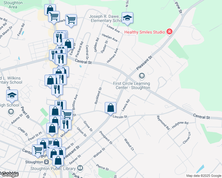 map of restaurants, bars, coffee shops, grocery stores, and more near 36 Pleasant Drive in Stoughton
