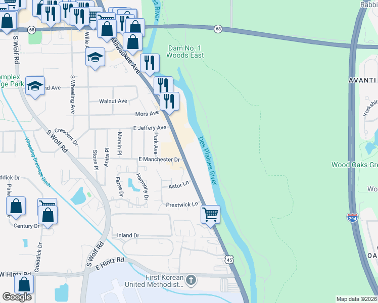 map of restaurants, bars, coffee shops, grocery stores, and more near 483 South Milwaukee Avenue in Wheeling