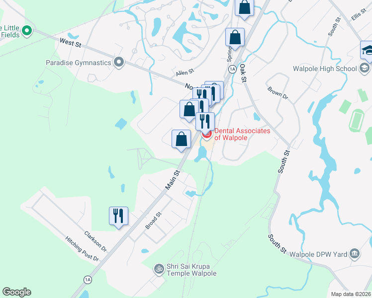 map of restaurants, bars, coffee shops, grocery stores, and more near 1 Marion Street in Walpole