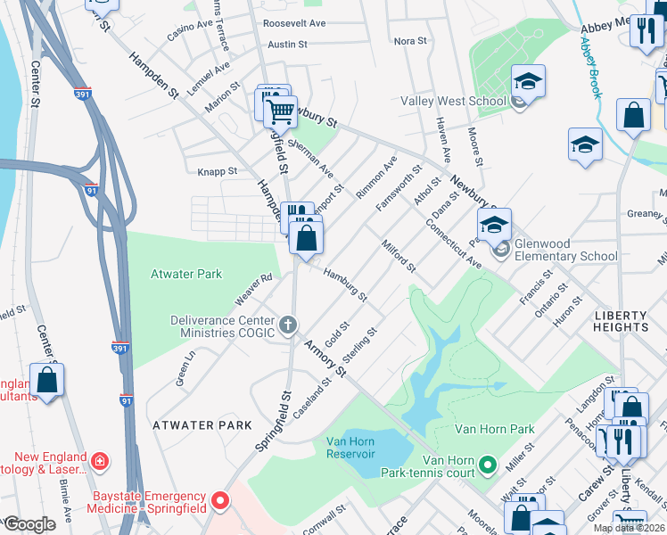 map of restaurants, bars, coffee shops, grocery stores, and more near 9 Farnsworth Street in Springfield
