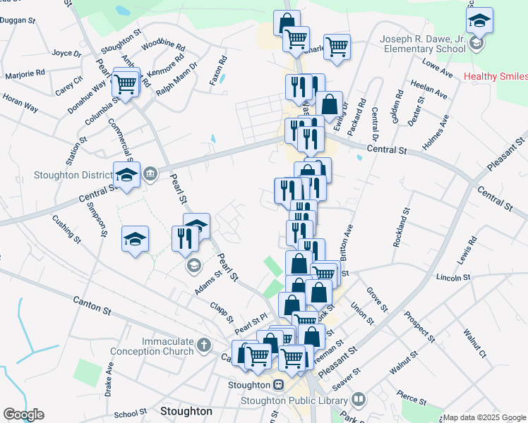 map of restaurants, bars, coffee shops, grocery stores, and more near 33 Bennett Drive in Stoughton