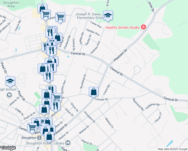 map of restaurants, bars, coffee shops, grocery stores, and more near 34 Pleasant Drive in Stoughton