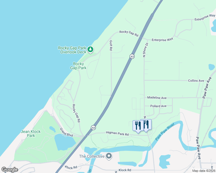 map of restaurants, bars, coffee shops, grocery stores, and more near 950 Golf Road in Benton Harbor