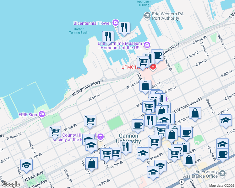 map of restaurants, bars, coffee shops, grocery stores, and more near 157 West 2nd Street in Erie