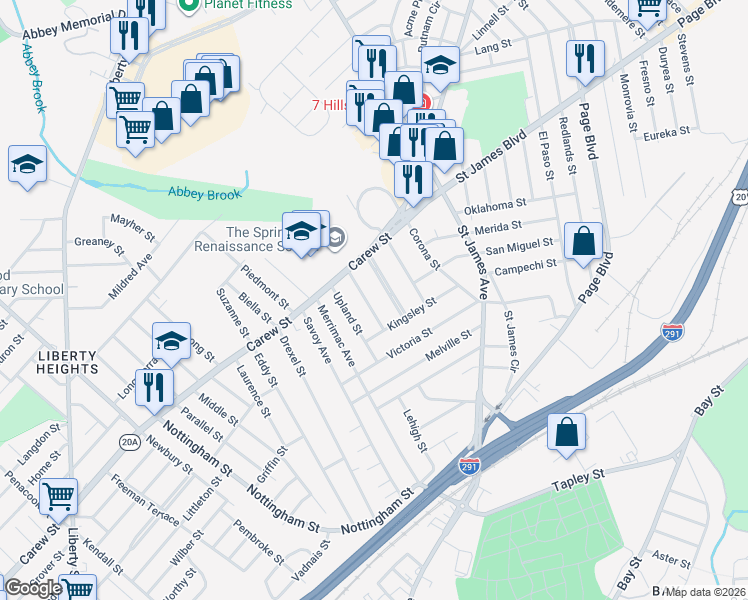 map of restaurants, bars, coffee shops, grocery stores, and more near 43 Glenham St in Springfield