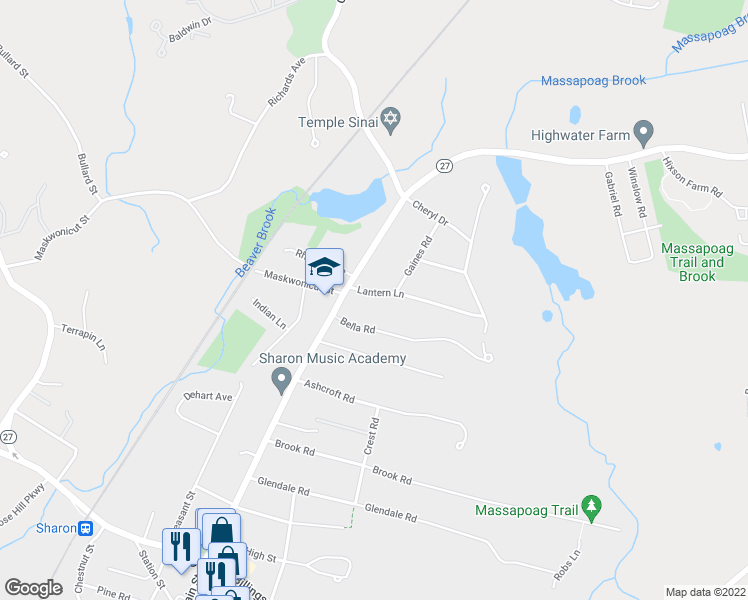 map of restaurants, bars, coffee shops, grocery stores, and more near 21 Lantern Lane in Sharon