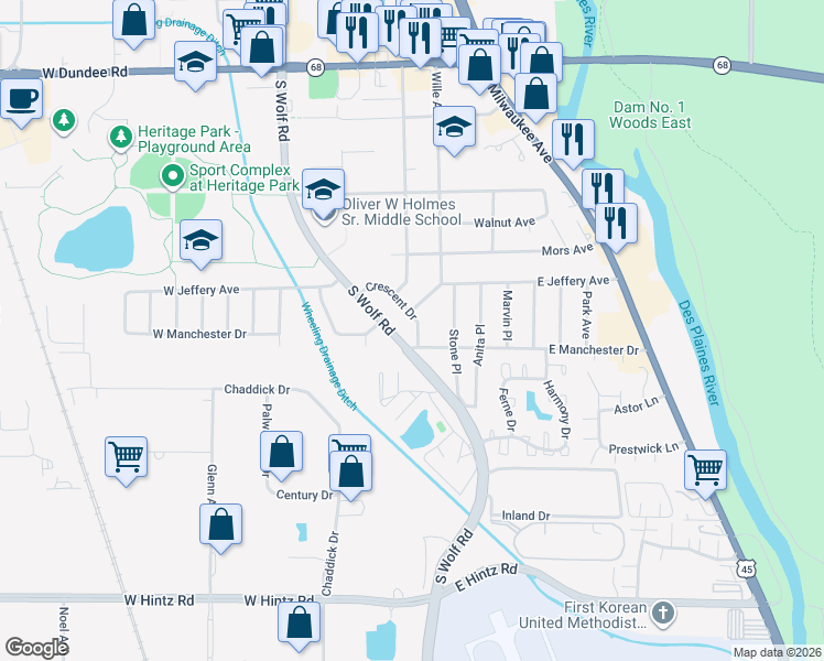 map of restaurants, bars, coffee shops, grocery stores, and more near 424 Crescent Drive in Wheeling