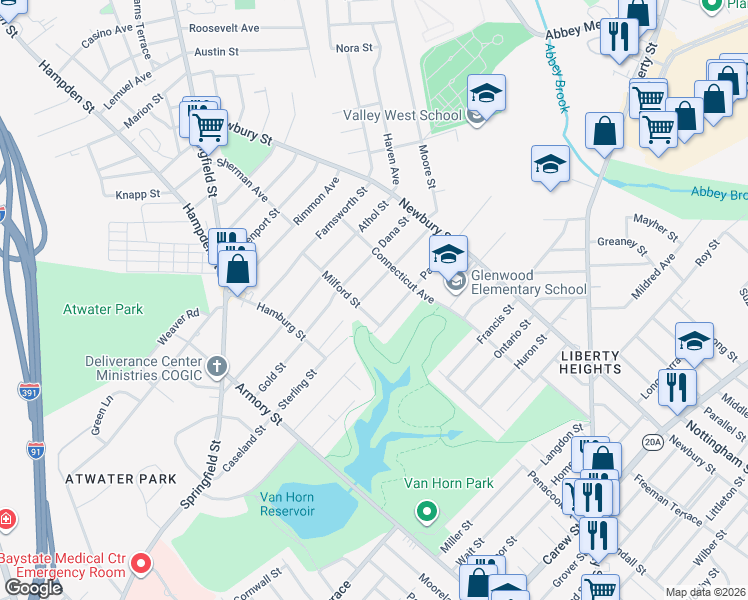 map of restaurants, bars, coffee shops, grocery stores, and more near 108 Upton Street in Springfield