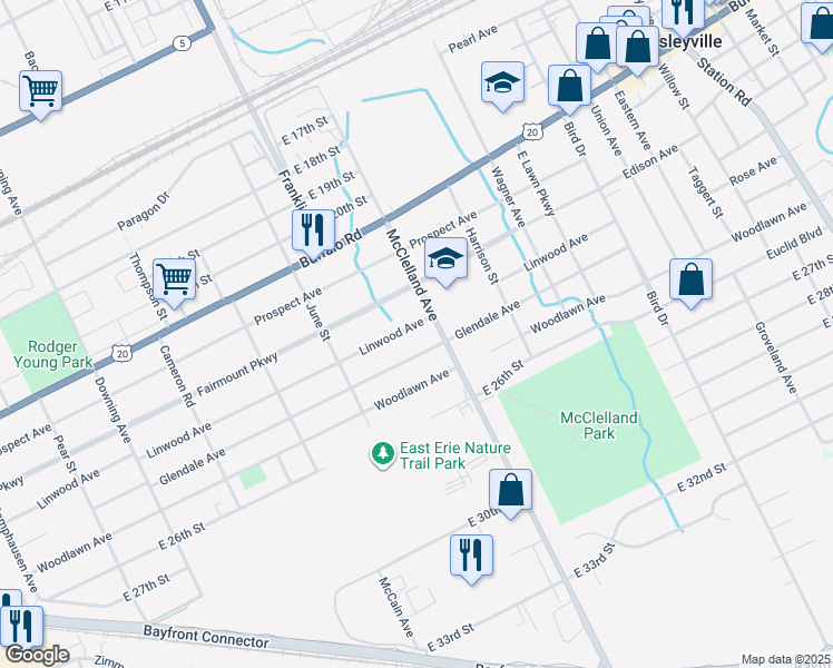 map of restaurants, bars, coffee shops, grocery stores, and more near 2245 Linwood Avenue in Erie