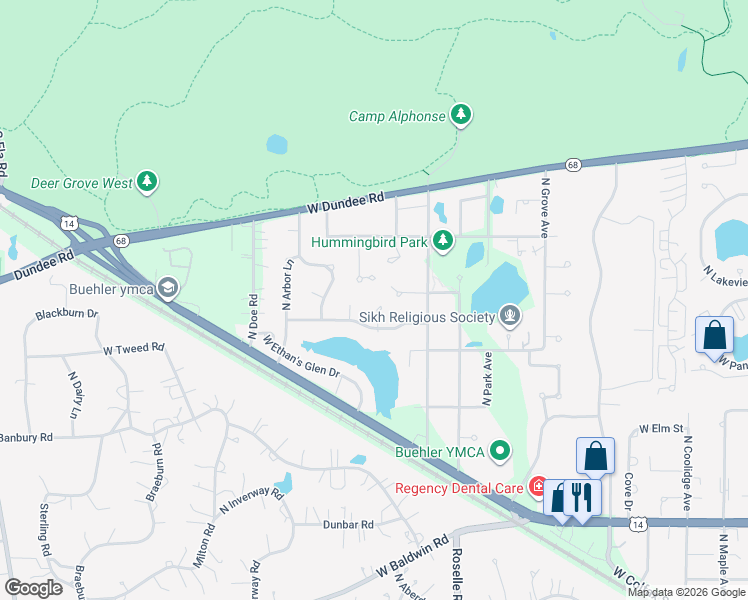 map of restaurants, bars, coffee shops, grocery stores, and more near 1170 North Clearwater Court in Palatine