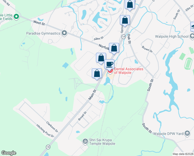 map of restaurants, bars, coffee shops, grocery stores, and more near 1 Marion Street in Walpole