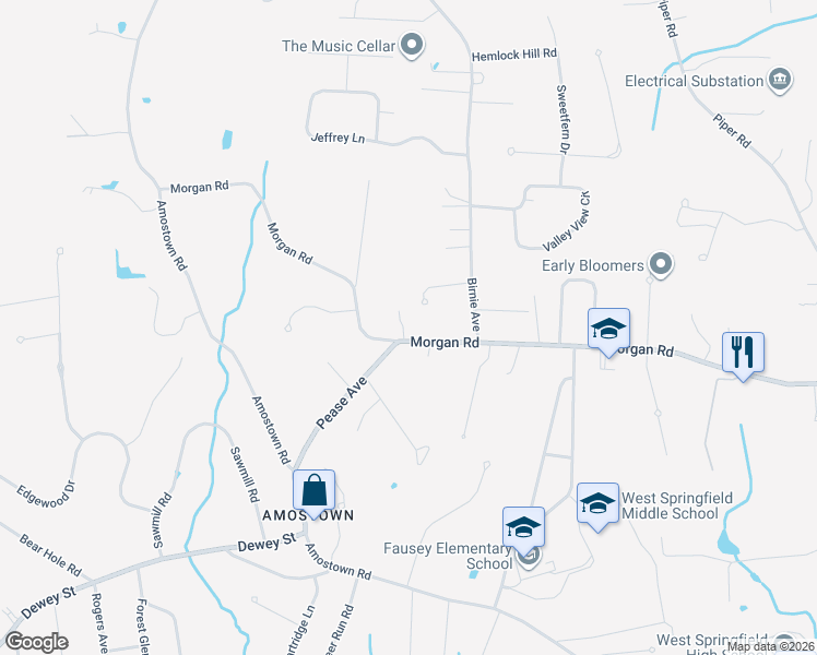 map of restaurants, bars, coffee shops, grocery stores, and more near 790 Morgan Road in West Springfield