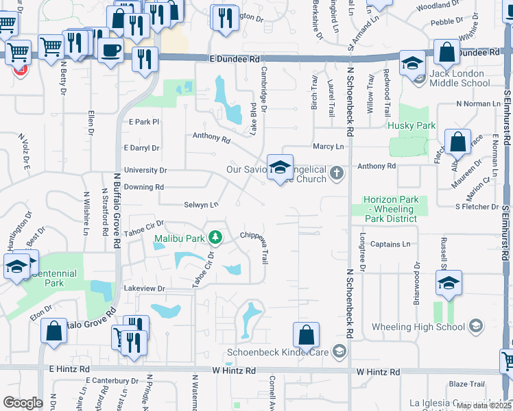 map of restaurants, bars, coffee shops, grocery stores, and more near 5 University Court in Buffalo Grove