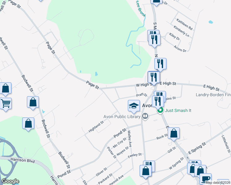 map of restaurants, bars, coffee shops, grocery stores, and more near 13 Foster Street in Avon