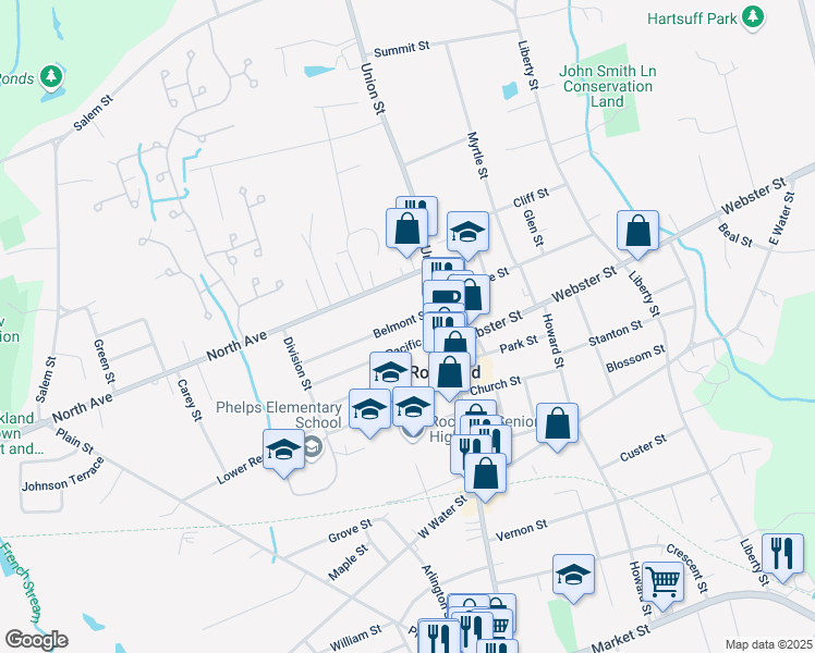map of restaurants, bars, coffee shops, grocery stores, and more near 36 Belmont Street in Rockland