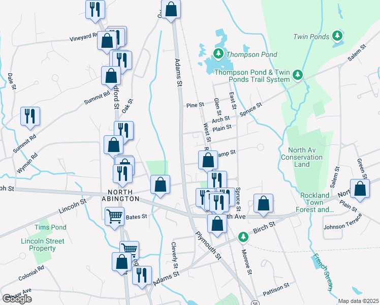 map of restaurants, bars, coffee shops, grocery stores, and more near 387 Adams Street in Abington