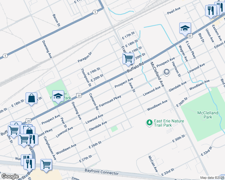 map of restaurants, bars, coffee shops, grocery stores, and more near 2011 Prospect Avenue in Erie