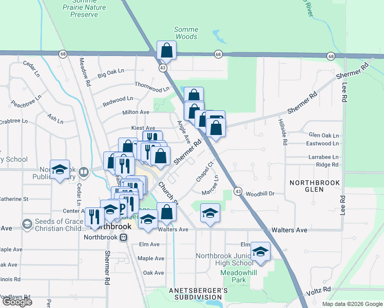 map of restaurants, bars, coffee shops, grocery stores, and more near 1163 Shermer Road in Northbrook