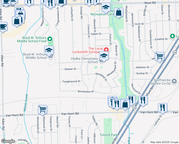map of restaurants, bars, coffee shops, grocery stores, and more near 3401 Westphal Street in Trenton