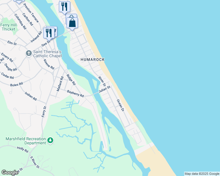 map of restaurants, bars, coffee shops, grocery stores, and more near 65 Ocean Drive in Marshfield